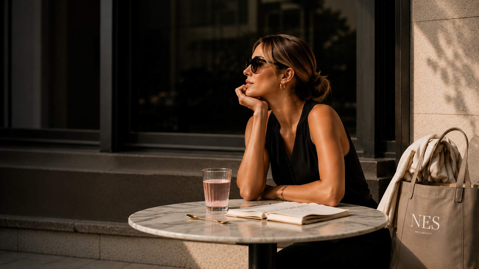 Woman sitting at a table with a drink and book, wearing sunglasses and a black sleeveless top.